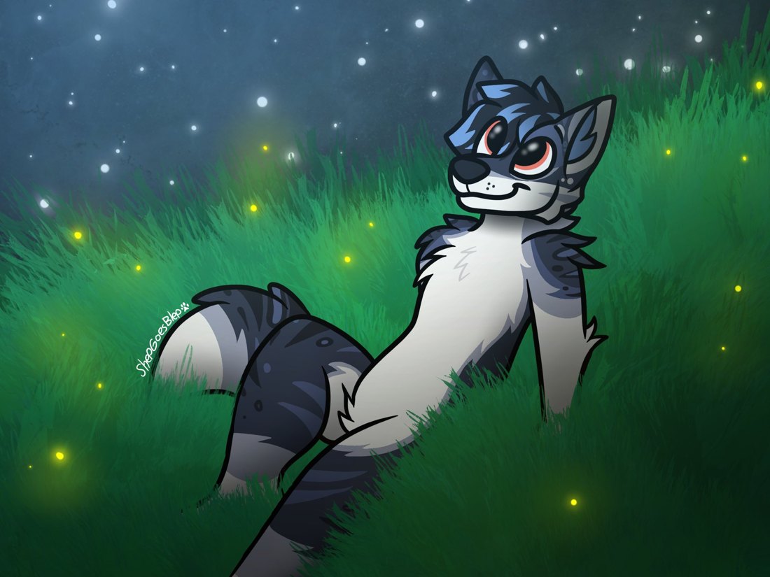 Zayphir lounging in tall grass under a starry sky with fireflies, art by ShepGoesBlep