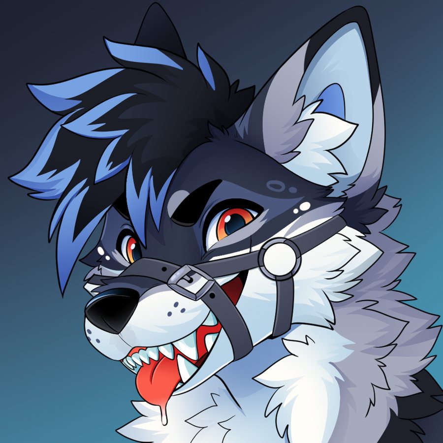 Toothy grin headshot wearing a muzzle harness