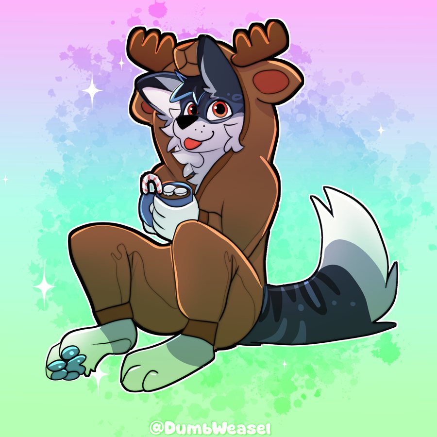 In a reindeer onesie holding hot cocoa with a candy cane
